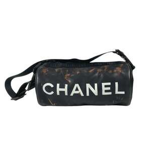 CHANEL Black Barrel Crossbody Bag with White Logo - Authentic